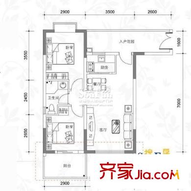 一城峰景户型图二单元A单位3#23奇数层 2室2厅1卫1厨