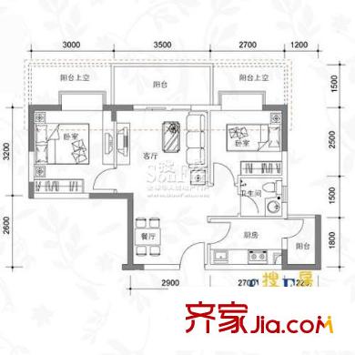 一城峰景户型图一单元F单位3#21奇数层 2室2厅1卫1厨