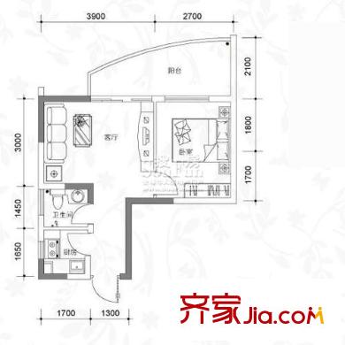 一城峰景户型图二单元E单位3#27层 1室1厅1卫1厨