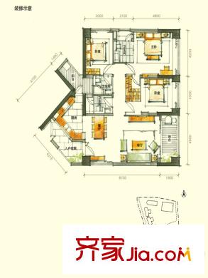 京基滨河时代广场户型图D2、D3栋A户型 3室2厅3卫1厨