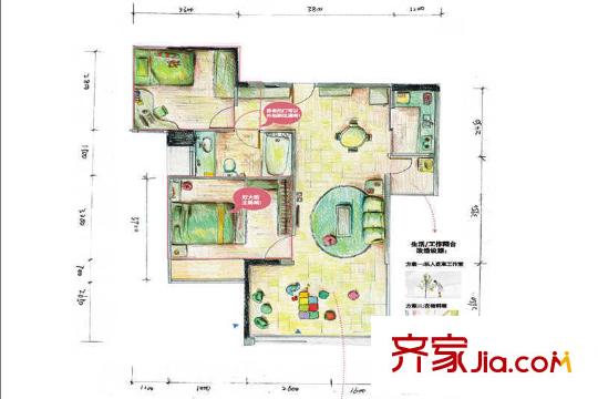 横岗花半里・薇博户型图66.96平户型 2室2厅1卫1厨