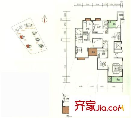 振业城别墅户型图(6、7期)6栋、7栋平层C户型 3室2厅2卫1厨