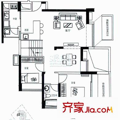 中海大山地别墅户型图顶层复式户型1一层 2室2厅1卫2厨