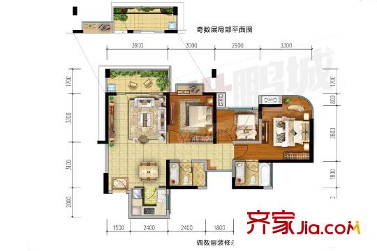 勤诚达22世纪二期7号楼02号户型图 2室2厅2卫1厨