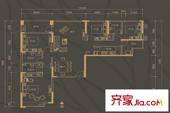 彩天怡色户型图B栋2-20层01号房户型图 4室2厅3卫1厨