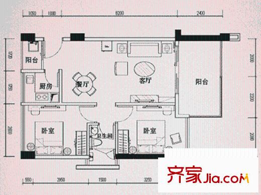 瑞和园户型图两房两厅一卫一厨 2室2厅1卫1厨