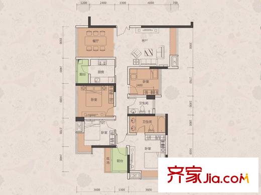国香清林郡户型图1、2座A户型 4室2厅2卫1厨