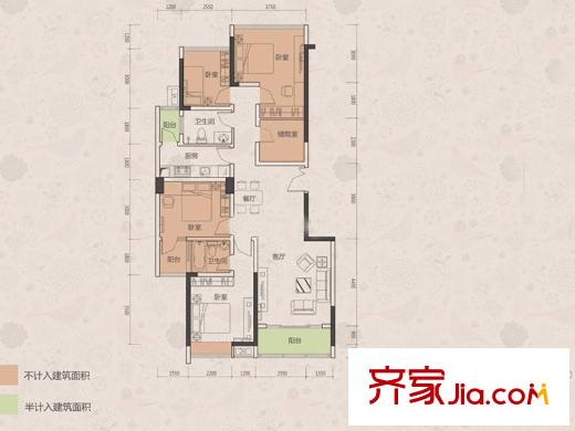 国香清林郡户型图1、2座C户型 4室2厅2卫1厨