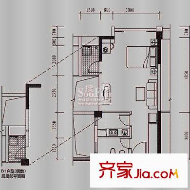 风临国际中心户型图住宅B1户型 1室1厅1卫