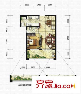中粮鸿云户型图Df1户型复式一层 2室2厅2卫1厨