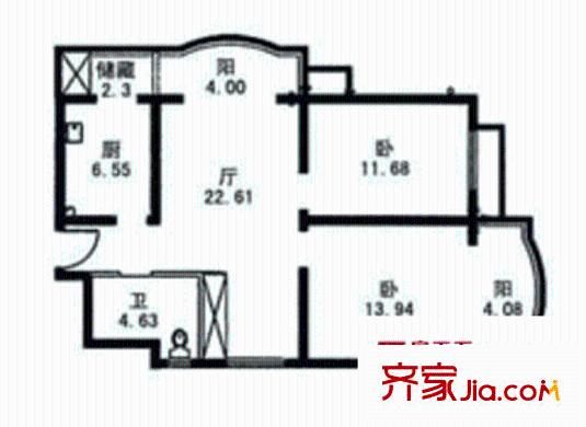 九州家园户型图2室1厅1卫1厨