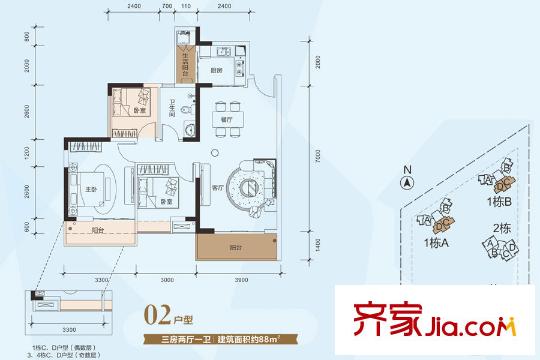 太阳雨家园02户型 3室2厅1卫1厨