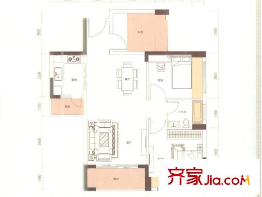 宏发君域户型图5-7栋02户型 2室2厅1卫1厨