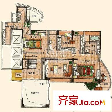 皇庭港湾户型图顶层复式三设计图上层 3室2厅2卫1厨