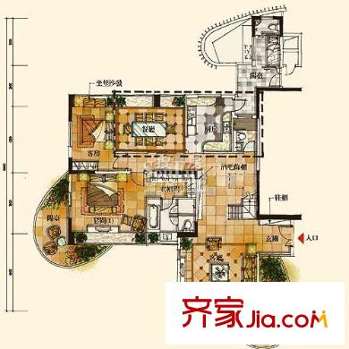 皇庭港湾户型图顶层复式一设计图下层 2室2厅1卫1厨