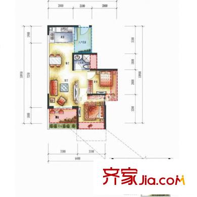 丽湾商务公寓户型图平层 2室2厅1卫1厨