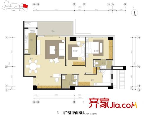 十五平方米花园户型图二期三号楼3-1户型 3室2厅2卫1厨