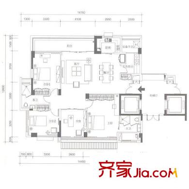 十五平方米花园户型图A户型 4-15层 4室2厅2卫1厨