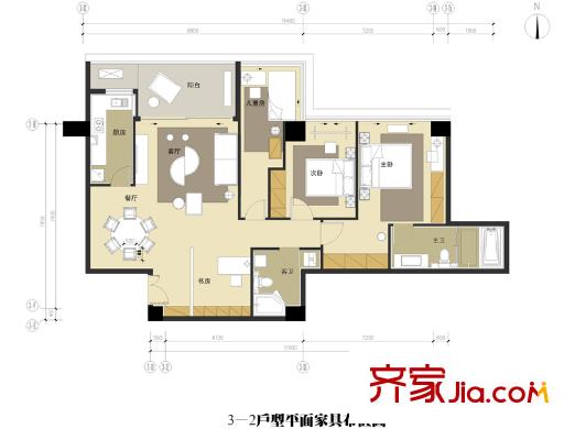十五平方米花园户型图二期三号楼3-2户型 3室2厅2卫1厨