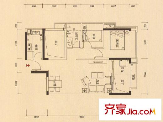 熙和园户型图C2户型 3室2厅1卫1厨