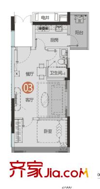 龙岗大道1号户型图2栋A单元03户型 1室2厅1卫1厨