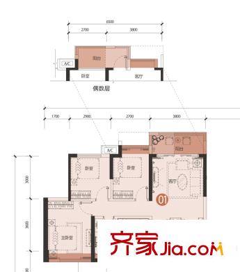 龙岗大道1号户型图2栋B、D单元01户型 3室2厅1卫1厨