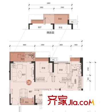 龙岗大道1号户型图2栋B、D单元06户型 3室2厅2卫1厨