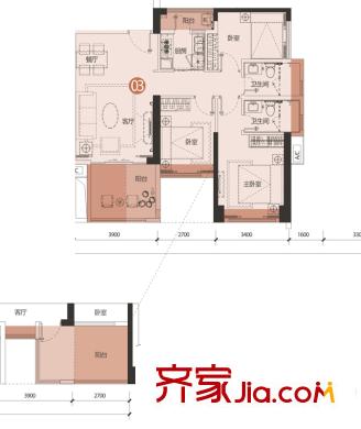 龙岗大道1号户型图2栋C单元03户型 3室2厅2卫1厨