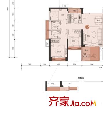 龙岗大道1号户型图2栋C单元02户型 3室2厅2卫1厨