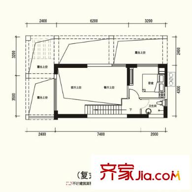 天健时尚空间户型图V墅 1栋02、13单位 复式上层 1室2厅2卫