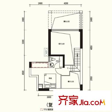 天健时尚空间户型图V墅 1栋01、14单位 复式上层 1室2厅2卫