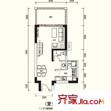 天健时尚空间户型图V墅 1栋15、16单位 复式下层 1室2厅2卫