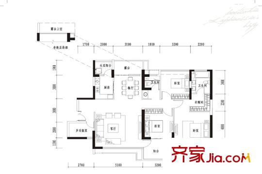 波托菲诺香山里二期户型图7栋偶数层D户型 3室2厅2卫1厨