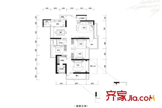 波托菲诺香山里二期户型图9栋偶数层A户型 4室2厅2卫1厨