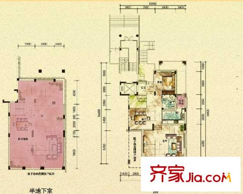 泛海拉菲花园别墅户型图C1户型半地下室与一层 4室2厅3卫1厨