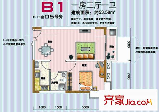 中爱花园户型图1室2厅1卫1厨