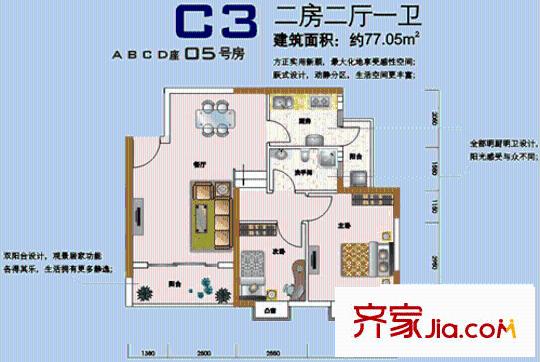中爱花园户型图2室2厅1卫1厨