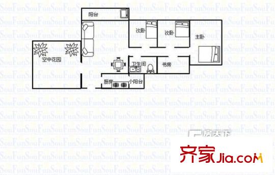 康达尔花园四期户型图四房两厅一卫面积约94平方米 4室2厅1卫1厨