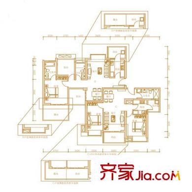招商雍景湾户型图7栋2单元C+D户型 3室2厅2卫1厨