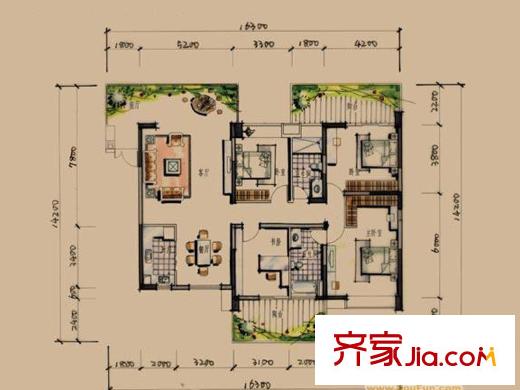 新天湾畔户型图天赋偶数层户型图 4室2厅2卫1厨