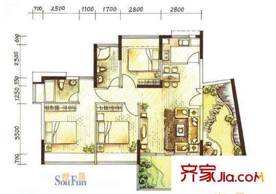 深圳 万科天誉 3居 户型图2