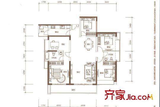 绿海湾花园户型图A座1单元02户型 4室2厅2卫1厨