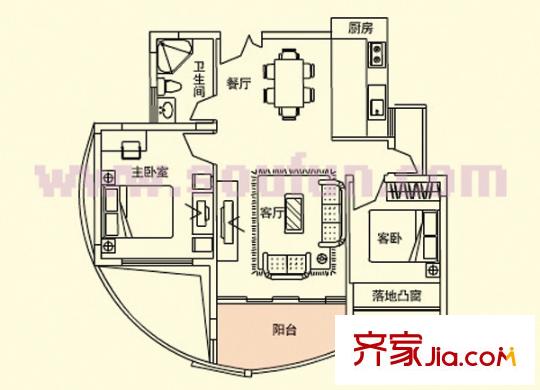 左庭右院户型图两房两厅一卫奇数层 2室2厅1卫1厨