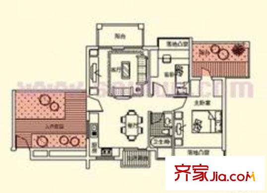 左庭右院户型图两房两厅一卫偶数层 2室2厅1卫1厨
