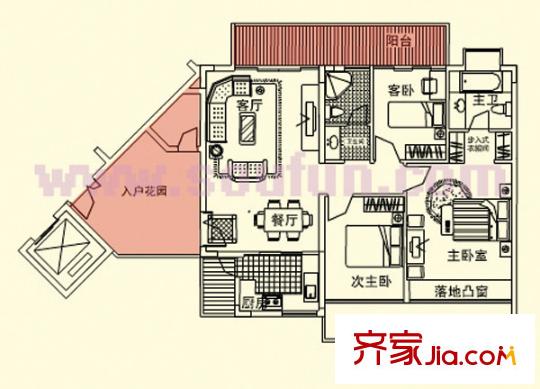 左庭右院户型图三房两厅两卫偶数层 3室2厅2卫