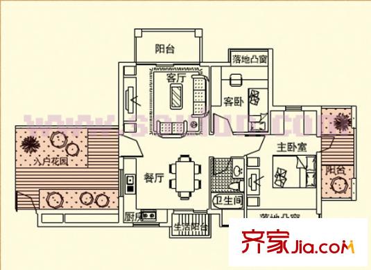左庭右院户型图两房两厅一卫奇数层 2室2厅1卫1厨