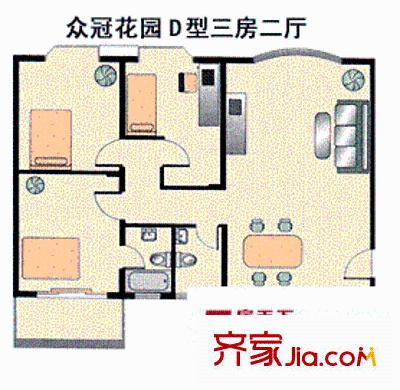 众冠花园户型图三房二厅二卫一厨 3室2厅2卫1厨