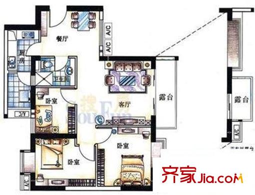 时代骄子大厦户型图三室二厅二卫一厨 3室2厅1卫1厨