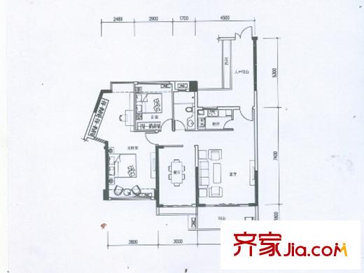 阳光海滨花园户型图E户型两房两厅户型图 2室2厅1卫1厨