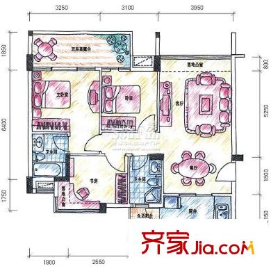 中海怡瑞山居户型图01-7栋1-3单元1层AD户型 3室2厅2卫